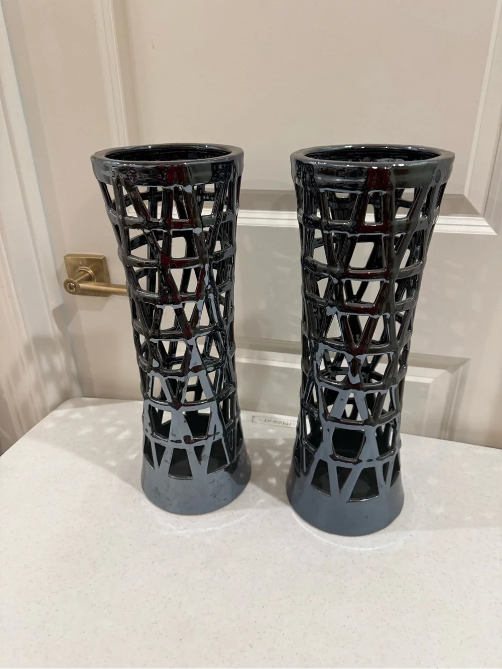 Glossy Blue Metallic Lattice Ceramic Vase Set ~ 16” H x 5.5” W
